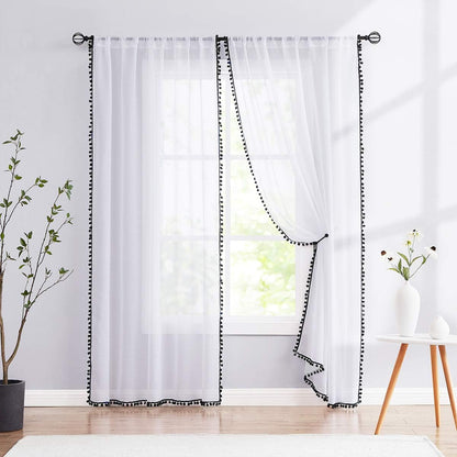 Treatmentex Black and White Sheer Curtains for Living Room 95" Long Linen Curtain Draperies for Nursery Room Decorative Pompom Voiles 2 Panels