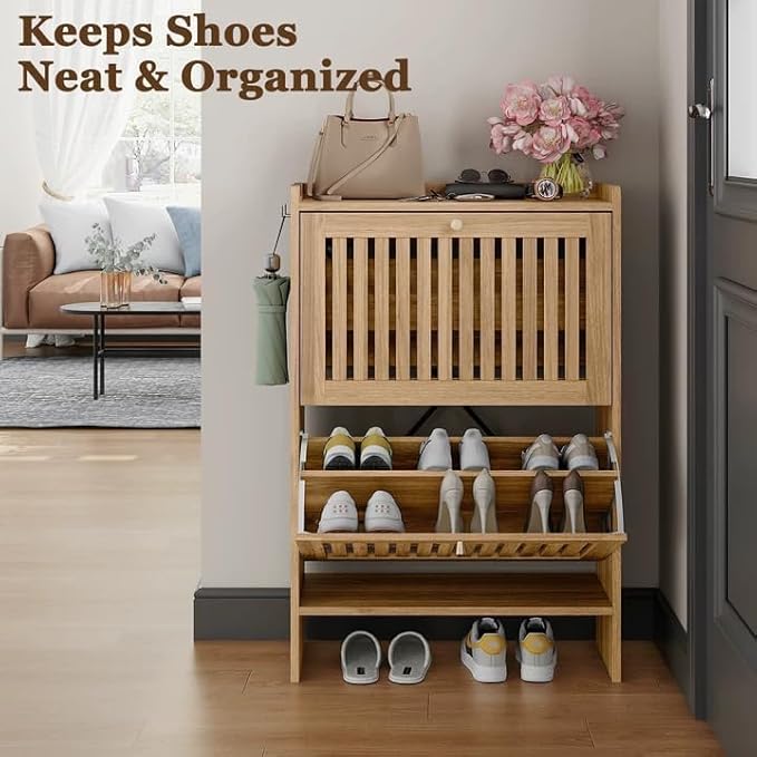 wanan 24" Shoe Cabinet with 2 Flip Slatted Drawers, Adjustable & Removable - Image 7