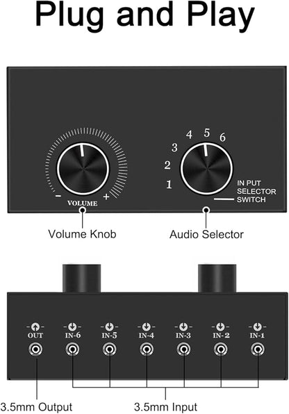 6-Way Audio Switcher, 3.5mm Stereo Audio Switcher, Plug & Play Compatible - Image 2
