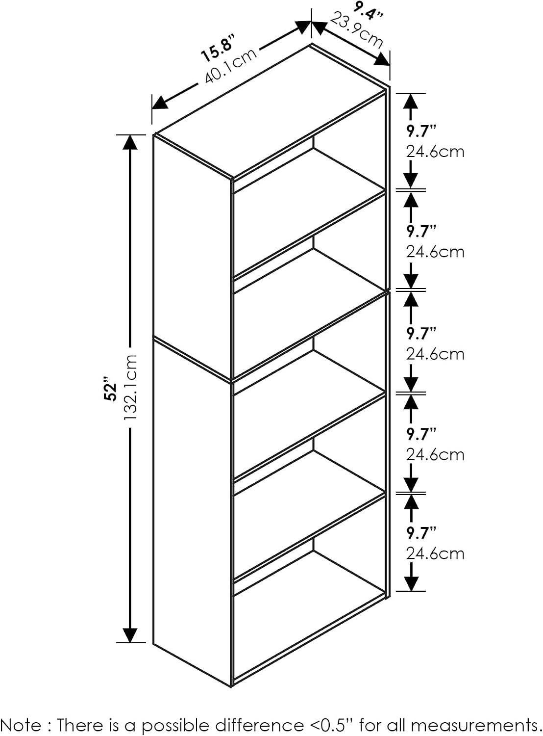 Furinno LUDER Book Shelf, 5-Tier Bookshelf, Bookcase with Open Shelves, 9.4 x...