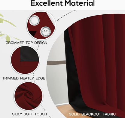 Yakamok Burgundy Red Blackout Curtains 84 inches Long for Bedroom 38" Wide | Thermal Insulated Window Treatment Total Blocking Panels with Black Liner for Living Room/Dining Room Grommet Top 2 Panels