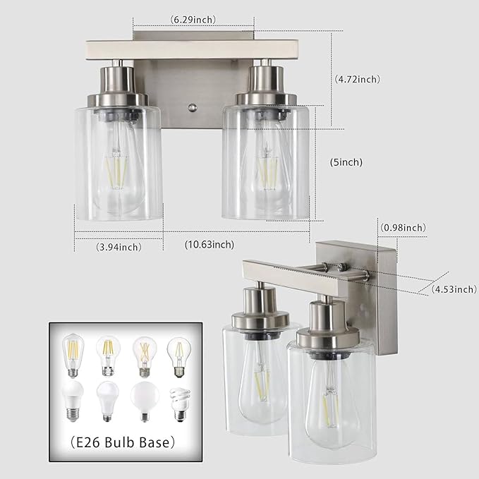 DIKAIDA Bathroom Vanity Light, 2-Light Nickel Modern Matte Wall Sconce Lighting - Image 3