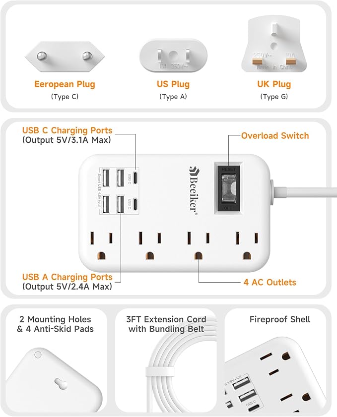 European Travel Plug Adapter, US to Europe Travel Power Strip - Image 5