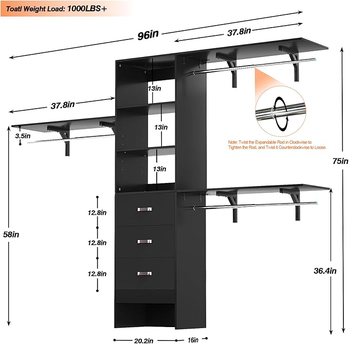 Armocity 96 Inches Closet System, 8FT Walk In Closet Organizer - Image 7