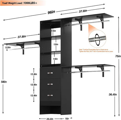 Armocity 96 Inches Closet System, 8FT Walk In Closet Organizer - Image 7