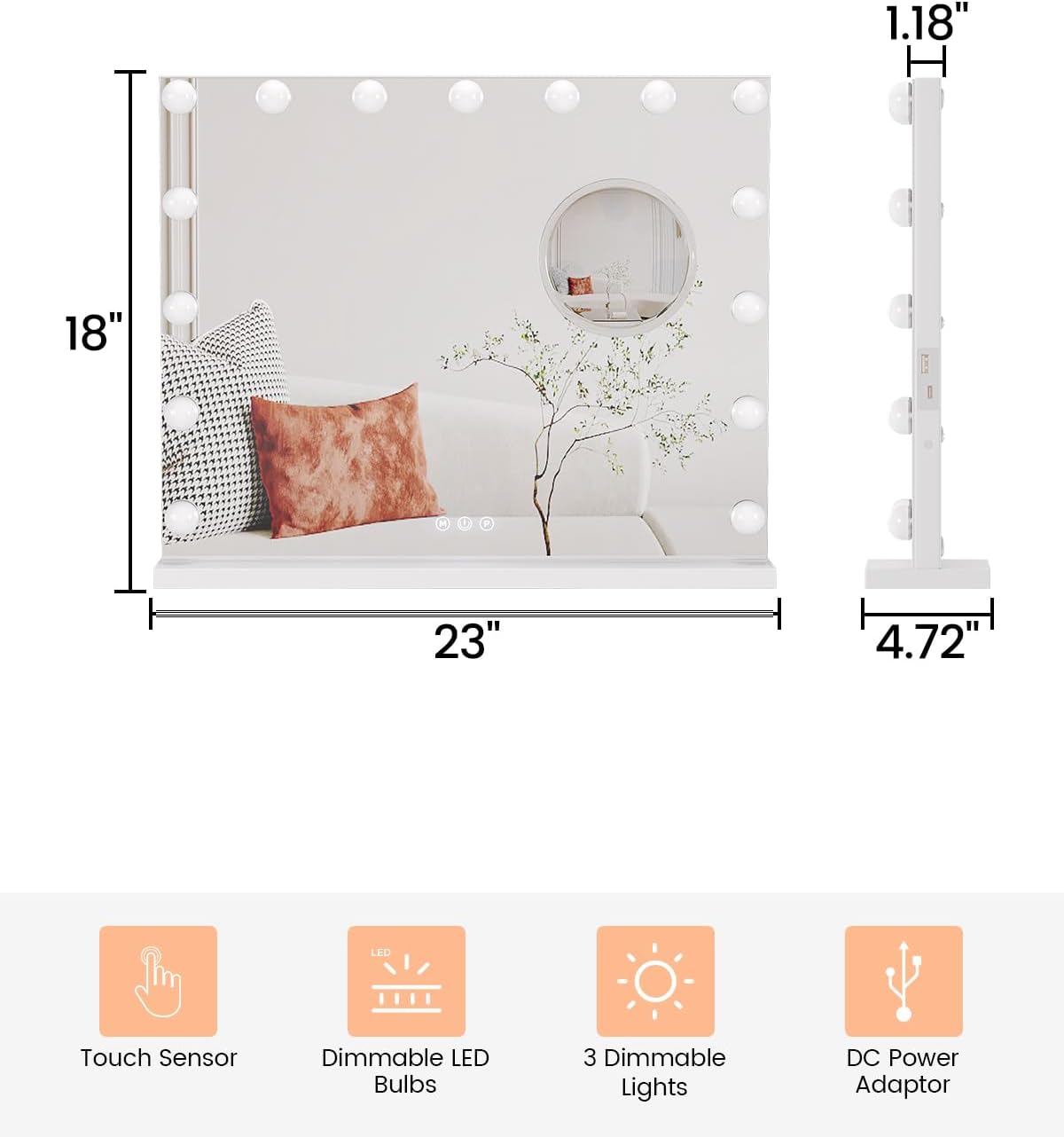 IDEALHOUSE Vanity Mirror with Lights, 15 Dimmable LED Bulbs, 3 Color Modes, Stepless Dimming, Touch Control, USB Charging Port, Tabletop or Wall Mount, 3X Mirror