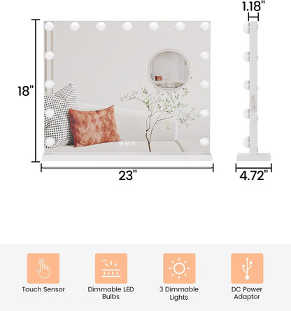 IDEALHOUSE Vanity Mirror with Lights, 15 Dimmable LED Bulbs, 3 Color Modes, Stepless Dimming, Touch Control, USB Charging Port, Tabletop or Wall Mount, 3X Mirror