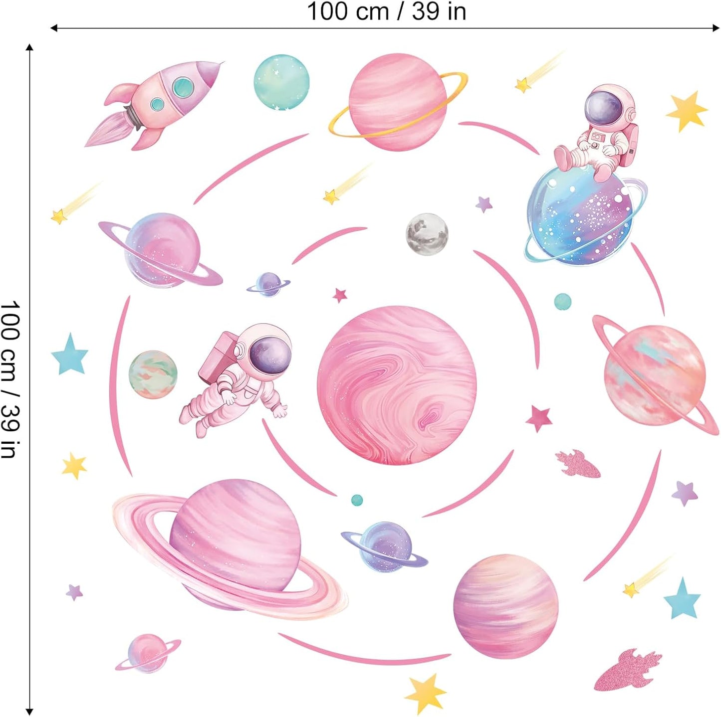Pastel Pink Planet Orbits Wall Decals, Fantasy Outer Space Themed Wall Stickers with Rocket Astronaut and Stars for Kid's Bedroom, Nursery, Playoom, Peel and Stick Reusable