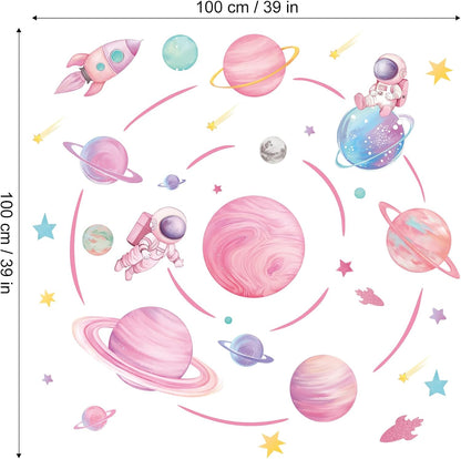 Pastel Pink Planet Orbits Wall Decals, Fantasy Outer Space Themed Wall Stickers with Rocket Astronaut and Stars for Kid's Bedroom, Nursery, Playoom, Peel and Stick Reusable