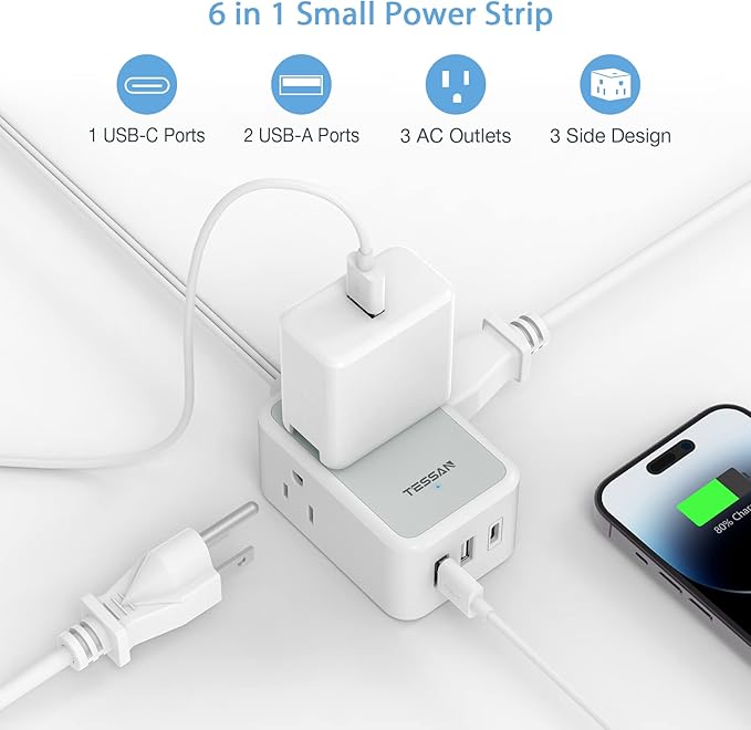 Ultra Thin Flat Extension Cord 10 FT, TESSAN Small Flat Plug Power Strip - Image 4