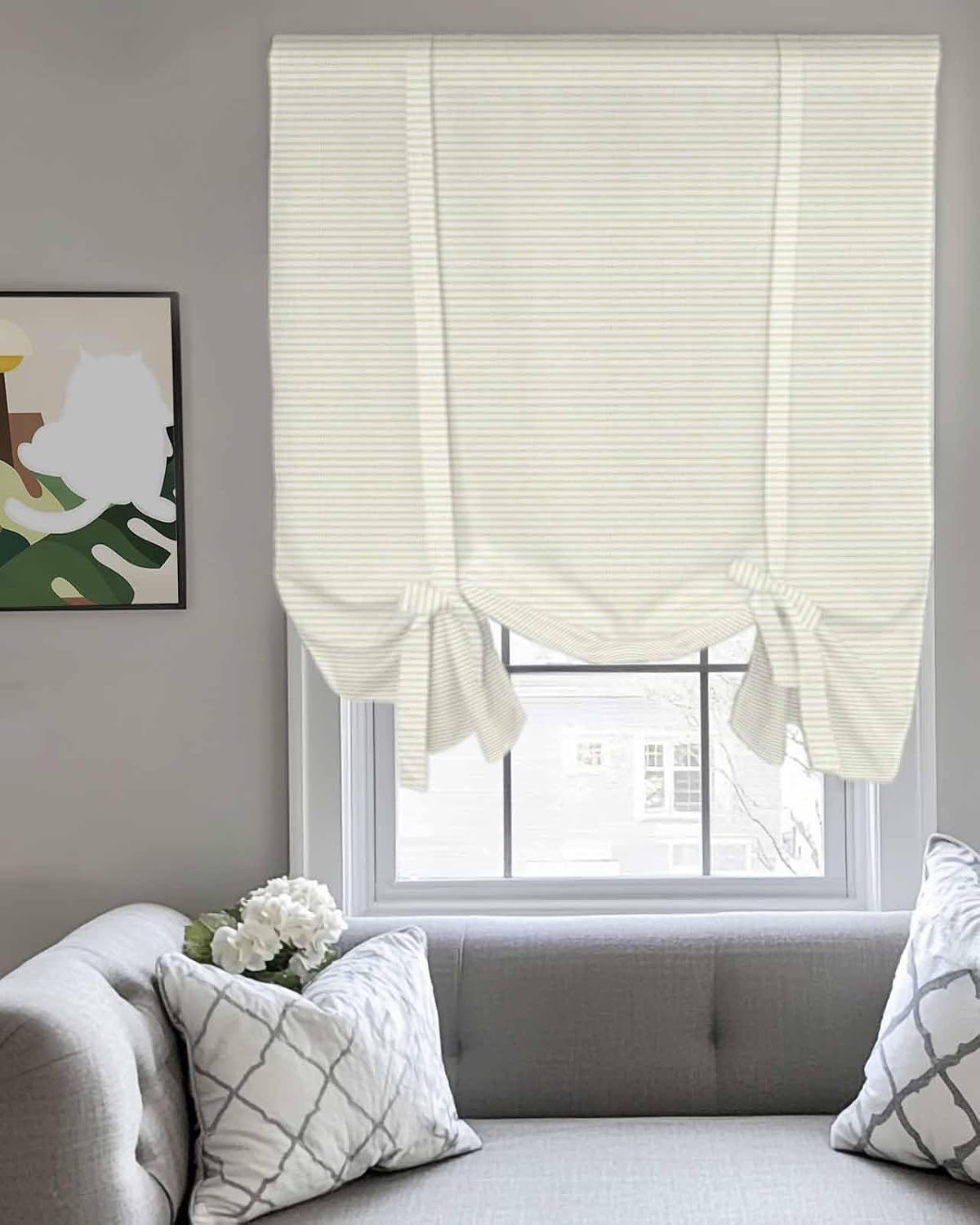 Beige Stripes Seamless Tie Up Curtains for Windows, Modern Minimalist Art Rod Pocket Window Shade Adjustable Balloon Curtain Valance for Bedroom Kitchen Bathroom Blinds 34x45in