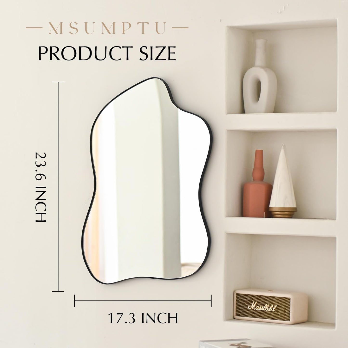 Irregular Wall Mirror Black Wave Shaped Metal Framed Wall Mirror for Bathroom Bedroom Entryway Living Room Wall Decor 24" L x 18" W 2305B