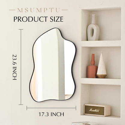 Irregular Wall Mirror Black Wave Shaped Metal Framed Wall Mirror for Bathroom Bedroom Entryway Living Room Wall Decor 24" L x 18" W 2305B