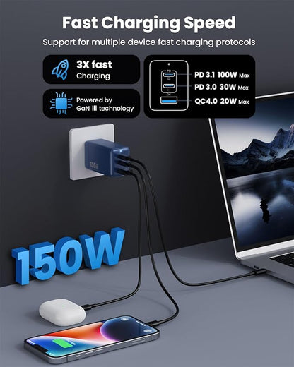 150W USB C Charger Block, GaN III Compact Foldable Wall Charger 3 Port Fast - Image 4