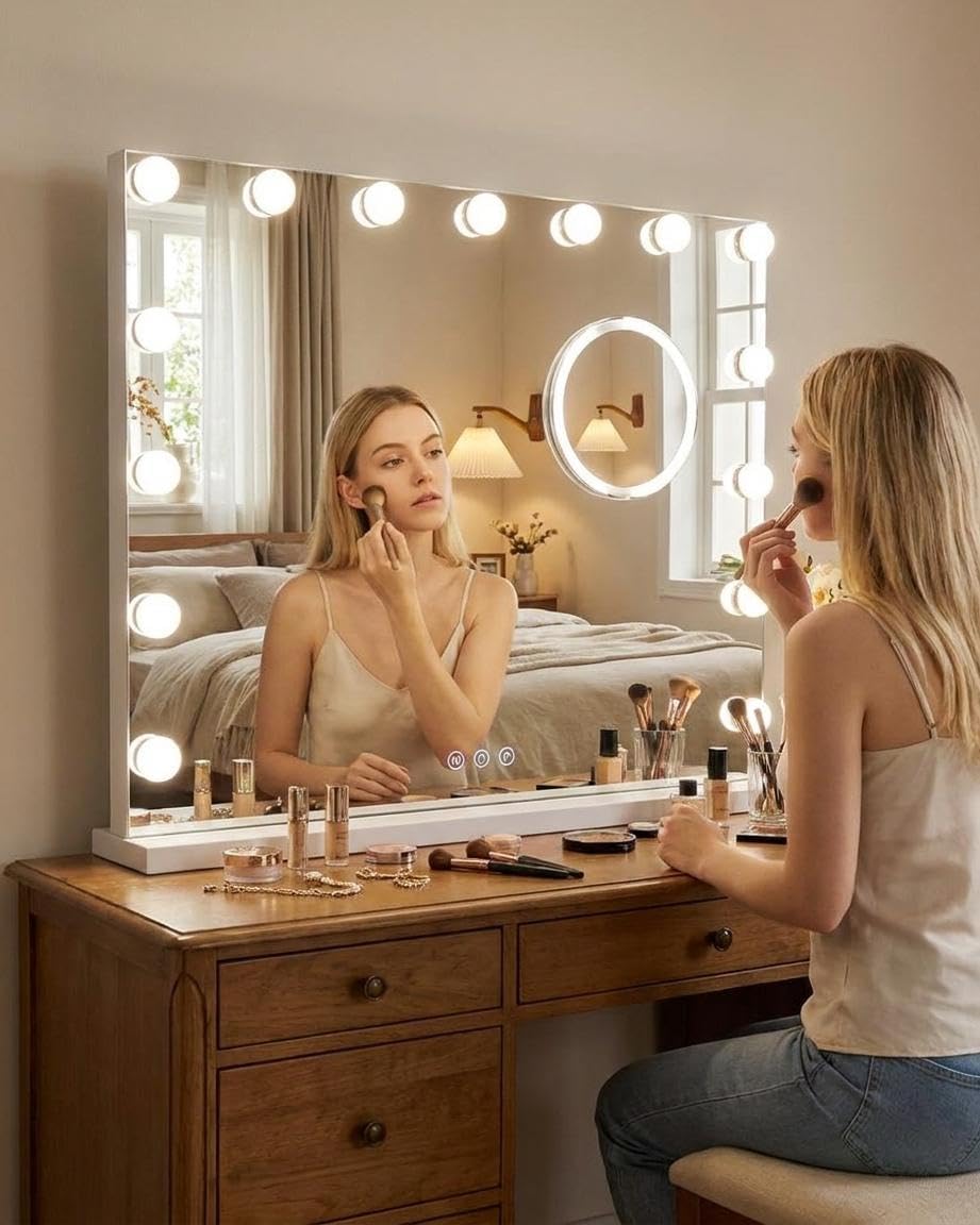 IDEALHOUSE Vanity Mirror with Lights, 15 Dimmable LED Bulbs, 3 Color Modes, Stepless Dimming, Touch Control, USB Charging Port, Tabletop or Wall Mount, 3X Mirror