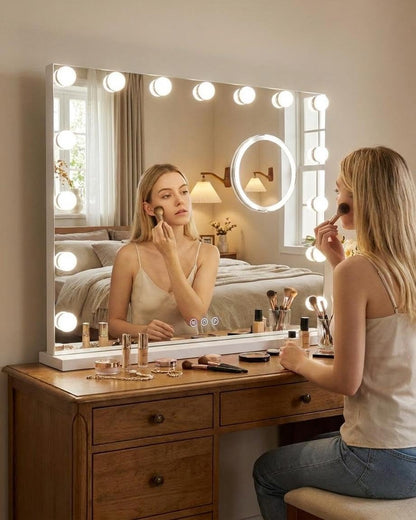 IDEALHOUSE Vanity Mirror with Lights, 15 Dimmable LED Bulbs, 3 Color Modes, Stepless Dimming, Touch Control, USB Charging Port, Tabletop or Wall Mount, 3X Mirror
