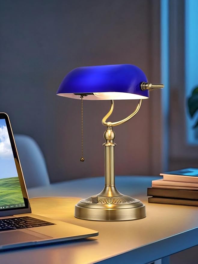 Newrays Blue Glass Bankers Desk Lamp, Stepless Dimmable Table Lamp Plug in - Image 4
