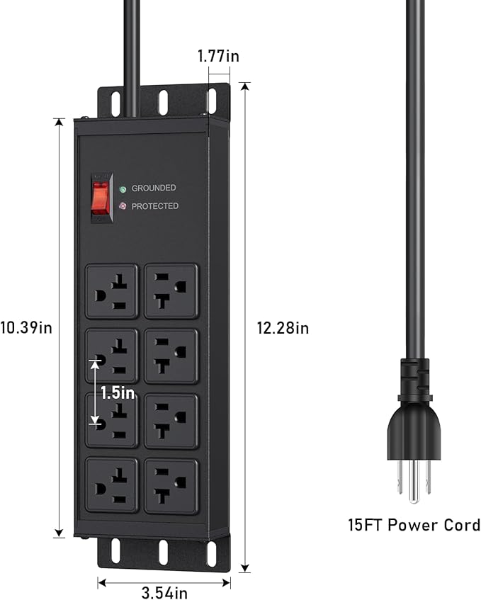 JUNNUJ Heavy Duty 20 Amp Surge Protector 4800J, Garage Metal 8 Outlets 12 Gauge - Image 7