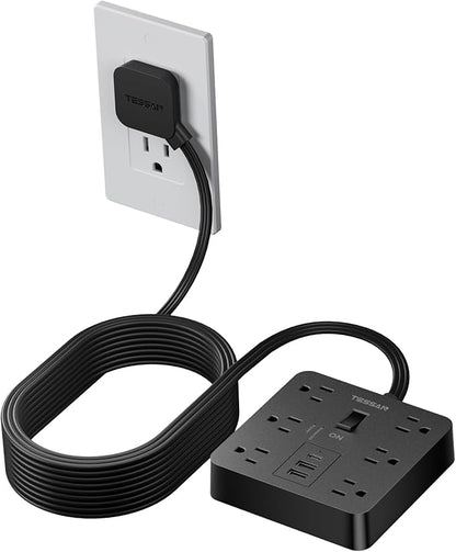 TESSAN Black Surge Protector Power Strip 10 ft Cord, Flat Plug Extension Cord by TESSAN