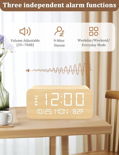 Digital Alarm Clock, with Wooden Electronic LED Time Display, 3 Alarm Settings - Image 4