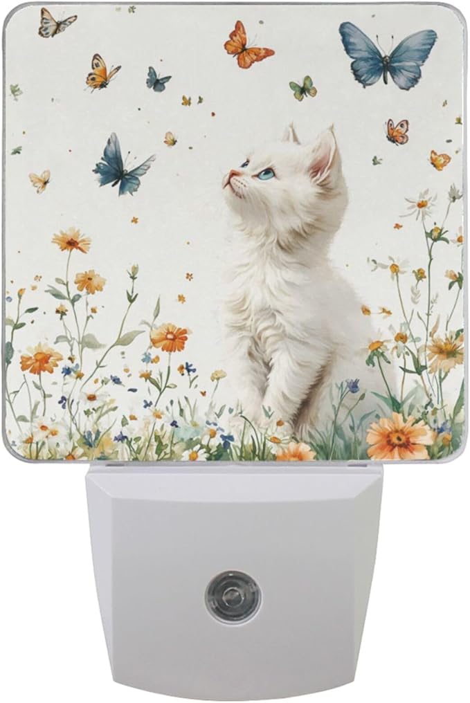 Pigsaly Led Night Light Butterfly Watercolor White Cat Night Light Plug in Wall by Pigsaly