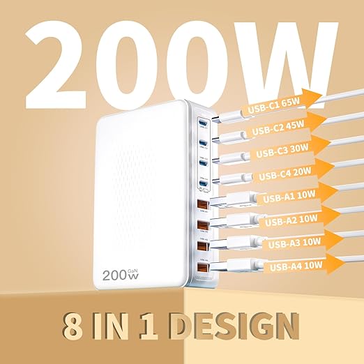 USB C Charger Block, 200W Type C Charger Fast Charging, 8 Port USB C & A - Image 2