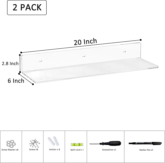 20 Inch Clear Wall Shelves for Wall, Wall Mounted Acrylic Floating Shelf for - Image 3
