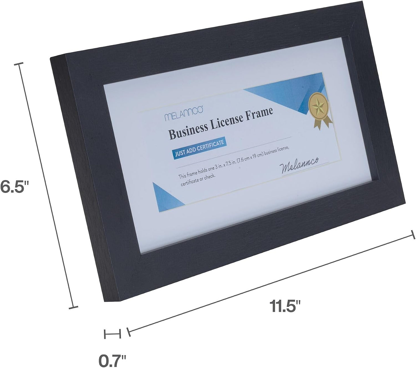 MELANNCO Business License Certificate Frame, 11.5 x 6.5 In Black Frame with 5 x 10 Mat Opening for 3 x 7.5 In Document, Wall Display for Diploma, Degree, or Professional License