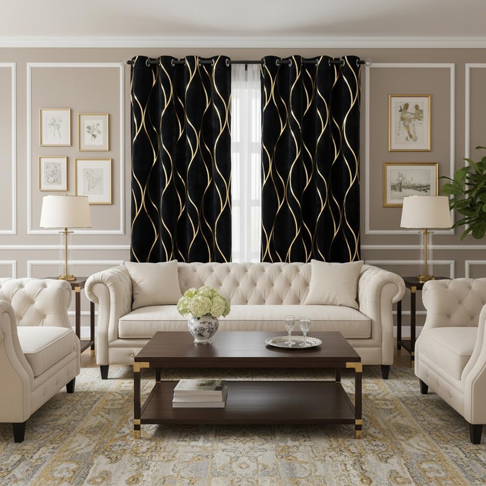 L.Z.E Black Gold Blackout Curtains for Bedroom, Heavy Duty Velvet Curtains 120 Inches Long 2 Panels Set, 80% Room Darkening Curtains for Living Room, Extra Long & Thick Drapes with Gold Pattern