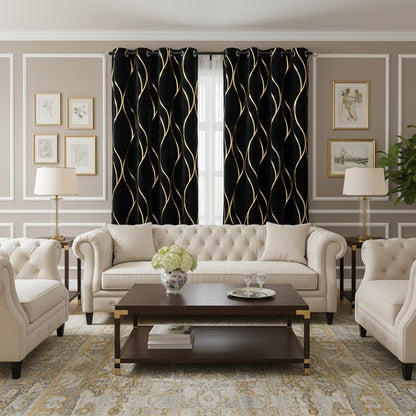 L.Z.E Black Gold Blackout Curtains for Bedroom, Heavy Duty Velvet Curtains 120 Inches Long 2 Panels Set, 80% Room Darkening Curtains for Living Room, Extra Long & Thick Drapes with Gold Pattern