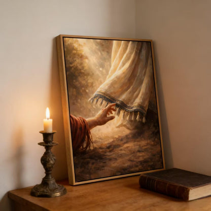 Framed Jesus Canvas Wall Art,Touching the Hem of His Garment Wall Decor Picture, Jesus Healing Christian Poster Print, for Bedroom Living Room Church Decoration