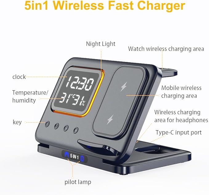 IHAO 5in1 Multi Functional Wireless Charging Station Digital Clock 15W Fast - Image 6