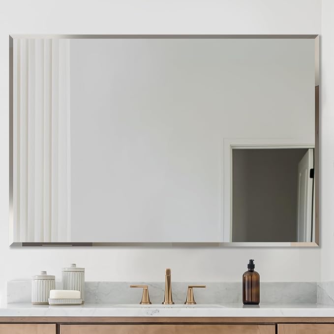 Frameless Beveled Edge Bathroom Mirror 38x26 Inch Rectangle Wall Mirror - Image 8