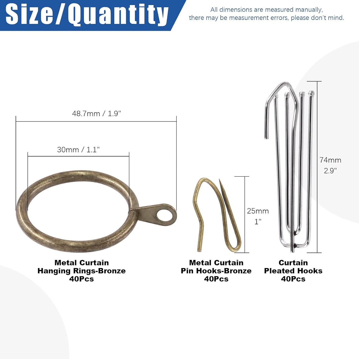 Glarks 120Pcs Antique Bronze Metal Drapery Curtain Hanging Rings with Stainless Steel 4 Prongs Curtain Pleat Hooks and Curtain Pin Hooks for Window Door Bathroom Curtain, 30mm Internal Diameter