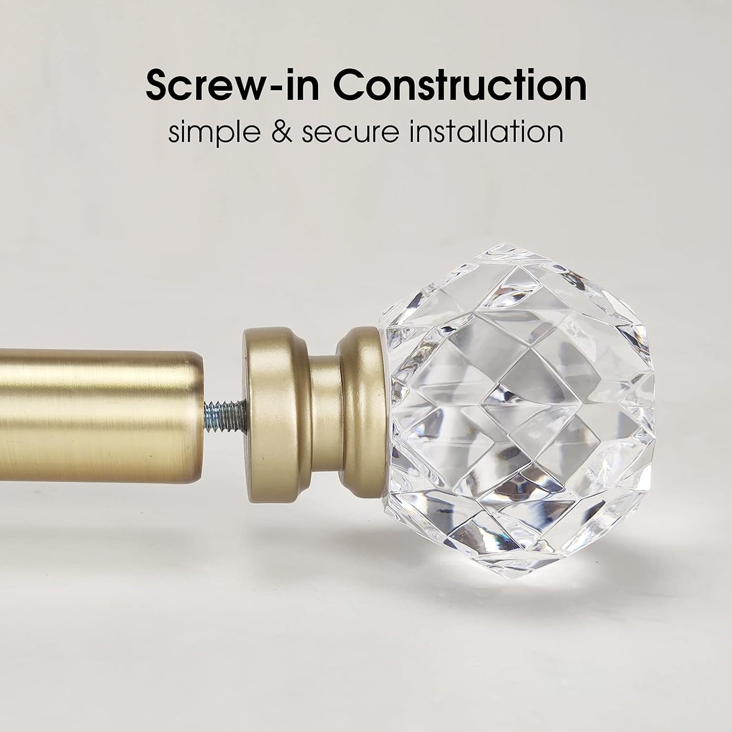 Decorative Curtain Rod Finials Luxury Crystal-clear Faceted, Round, Set of 2, Compatible with 1'' or 1-1/8'' dia curtain rod, Standalone finial pair,Gold