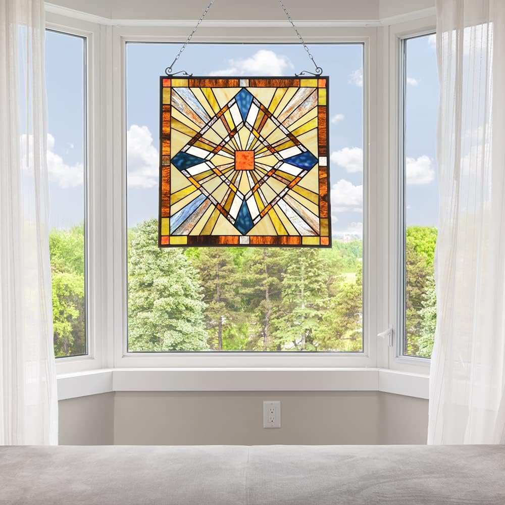 Mission Style Stained Glass Window Hangings Panels 20" W x 20" H Excellent Handicrafts Suncatcher Parents Gifts for Home Decor