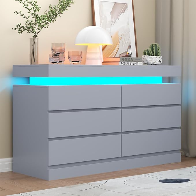 6 Drawer Dresser with Power Outlet, Dresser with LED Light, Modern Chest of by Gyfimoie