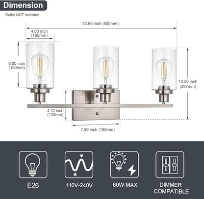 WINSHEN Bathroom Light Fixtures 3-Lights Seeded Glass in Brushed Nickel Finish - Image 4