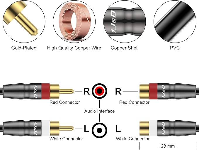 J&D 2 RCA Extension Cable Male to Female, Copper Shell Gold-Plated 2RCA Male to - Image 2
