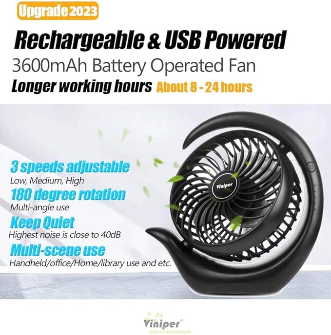 Viniper Portable Rechargeable Fan, Small Desk Fan : 3 Speeds & about 8-24 Hours - Image 3