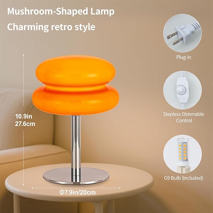 Vintage Mushroom Lamp, Dimmable Bedside Table Lamp - Image 3