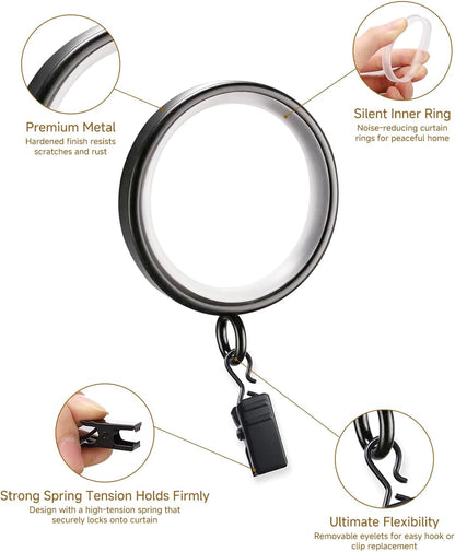 18 Pack Curtain Rings with Clips,1-5/8 Inch Black Curtain Rings | Quiet Nylon Inserts,Glide Smoothly,Fits 1" to 1-4" Curtain Rods,Curtain Clips for Bedroom