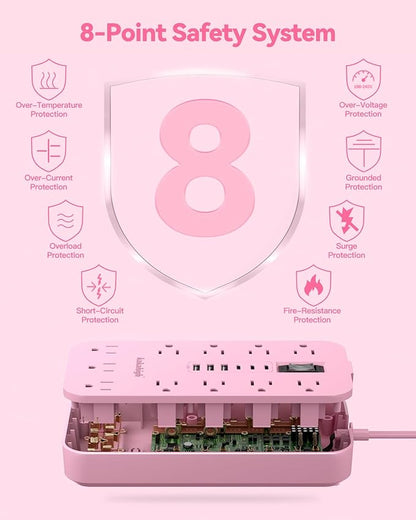 Pink Extension Cord with Multiple Outlets- 5 FT Kawaii Power Strip, Cute - Image 6