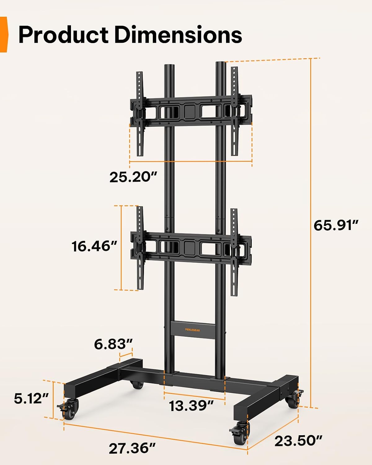 Perlegear Rolling TV Stand for 32–70 Inch Dual Screens, Holds up to 99 lbs Ea...