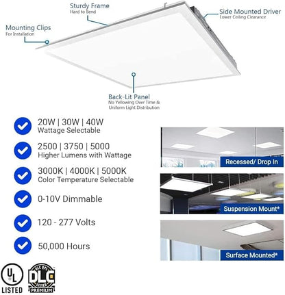 2x2 FT LED Light Flat Panel, CCT Selectable 30K | 35K | 40K | 50K | 65K - Image 2