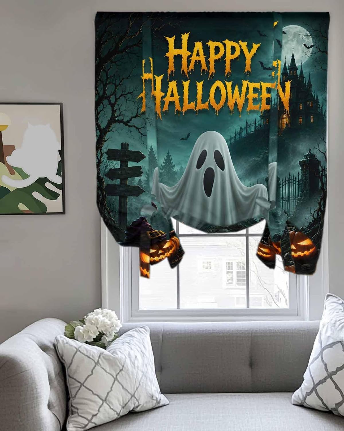 Happy Halloween Ghost Pumpkin Tie Up Curtains for Windows, Retro Haunted House Rod Pocket Window Shade Adjustable Balloon Curtain Valance for Bedroom Kitchen Bathroom Blinds 34x45in