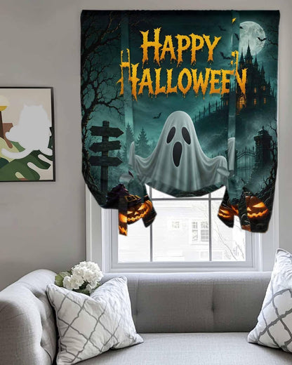 Happy Halloween Ghost Pumpkin Tie Up Curtains for Windows, Retro Haunted House Rod Pocket Window Shade Adjustable Balloon Curtain Valance for Bedroom Kitchen Bathroom Blinds 34x45in