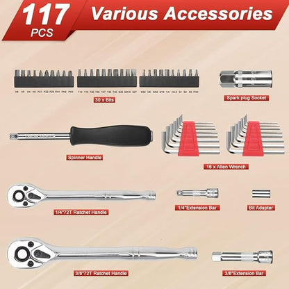 117 Pieces 1/4 and 3/8 inch Drive Socket Ratchet Wrench Set, Metric/SAE Size - Image 5