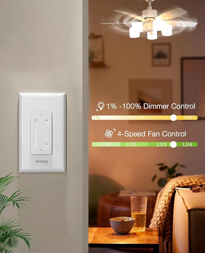GHome Smart Dimmer Switch with 4-Speed Ceiling Fan Control, Ceiling Fan and - Image 3