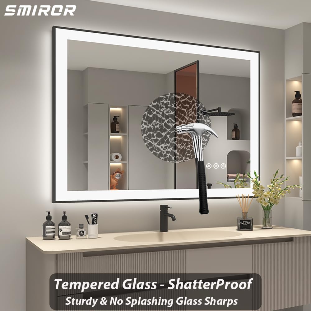 SMIROR 44x30 Black Framed LED Lighted Bathroom Vanity Mirror for Wall | Front Lit and Backlit, 3 Color Lighting, Anti-Fog, Memory, Tempered Glass, Rectangle, Horizontal/ Vertical Mounted
